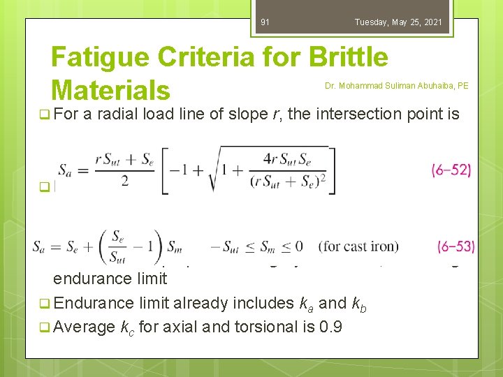 91 Tuesday, May 25, 2021 Fatigue Criteria for Brittle Materials Dr. Mohammad Suliman Abuhaiba,