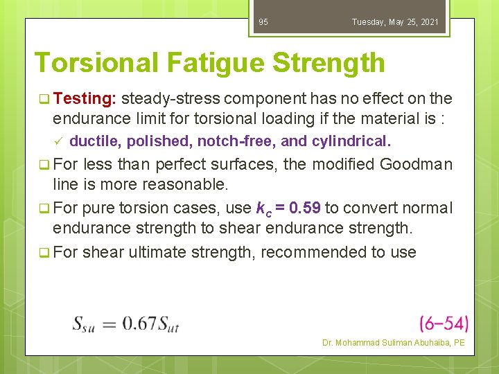 95 Tuesday, May 25, 2021 Torsional Fatigue Strength q Testing: steady-stress component has no