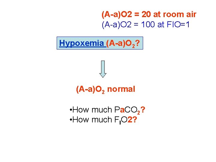(A-a)O 2 = 20 at room air (A-a)O 2 = 100 at FIO=1 Hypoxemia