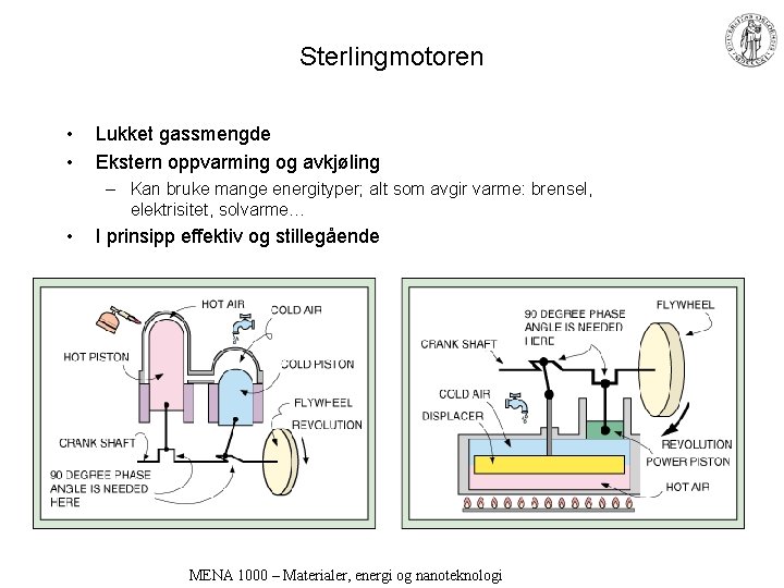 Sterlingmotoren • • Lukket gassmengde Ekstern oppvarming og avkjøling – Kan bruke mange energityper;