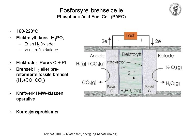 Fosforsyre-brenselcelle Phosphoric Acid Fuel Cell (PAFC) • • 160 -220°C Elektrolytt: kons. H 3