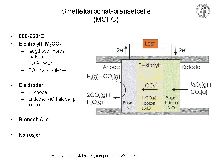 Smeltekarbonat-brenselcelle (MCFC) • • 600 -650°C Elektrolytt: M 2 CO 3 – (sugd opp