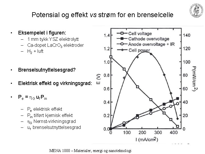 Potensial og effekt vs strøm for en brenselcelle • Eksempelet i figuren: – 1