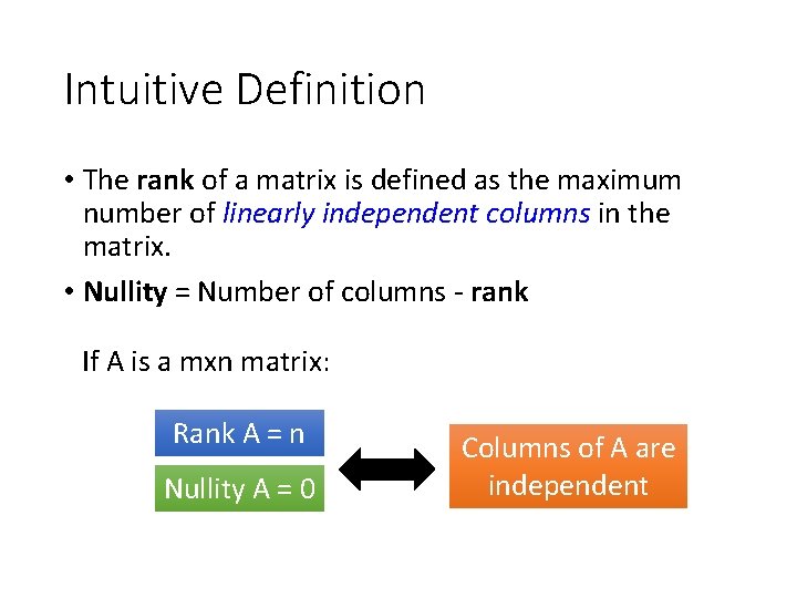 Intuitive Definition • The rank of a matrix is defined as the maximum number