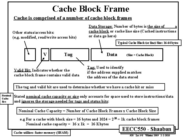 Cache Block Frame Cache is comprised of a number of cache block frames Other Cache Block Frame Cache is comprised of a number of cache block frames Other