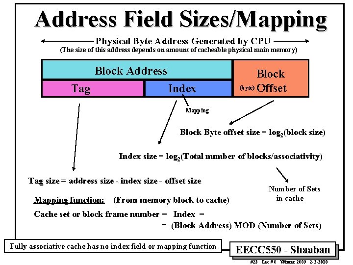 Address Field Sizes/Mapping Physical Byte Address Generated by CPU (The size of this address Address Field Sizes/Mapping Physical Byte Address Generated by CPU (The size of this address