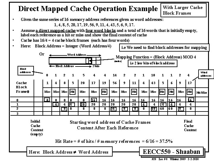 Direct Mapped Cache Operation Example • With Larger Cache Block Frames Given the same Direct Mapped Cache Operation Example • With Larger Cache Block Frames Given the same