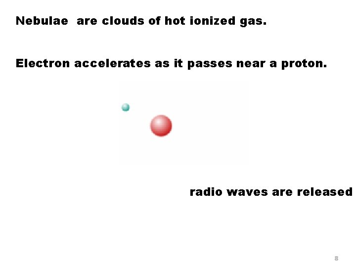 Nebulae are clouds of hot ionized gas. Electron accelerates as it passes near a