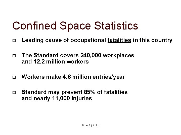 Confined Space Statistics Leading cause of occupational fatalities in this country The Standard covers Confined Space Statistics Leading cause of occupational fatalities in this country The Standard covers