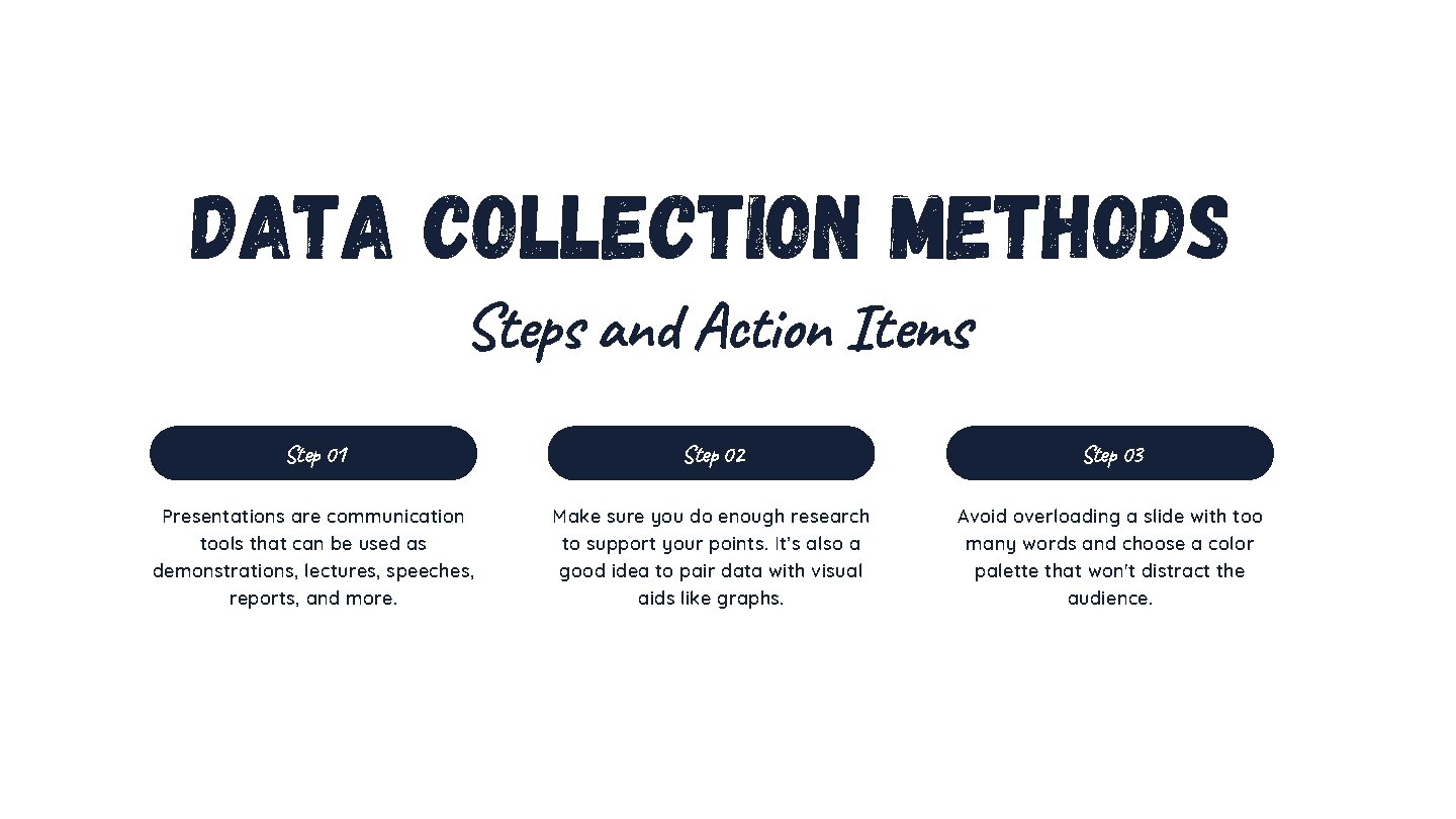 Data Collection Methods Steps and Action Items Step 01 Step 02 Step 03 Presentations Data Collection Methods Steps and Action Items Step 01 Step 02 Step 03 Presentations