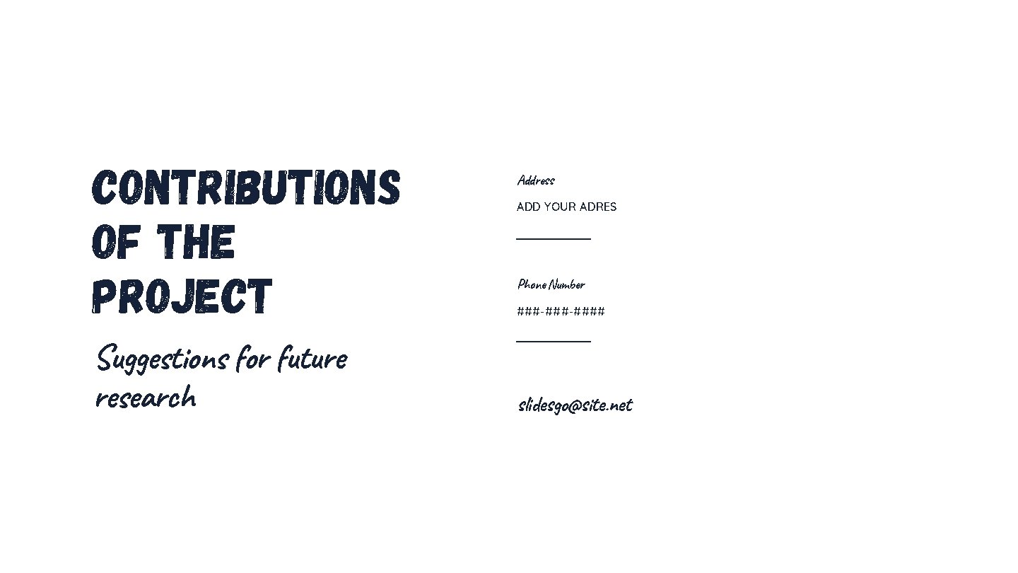 Contributions of the Project Suggestions for future research Address ADD YOUR ADRES Phone Number Contributions of the Project Suggestions for future research Address ADD YOUR ADRES Phone Number