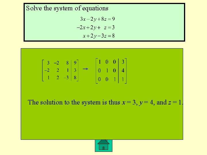 Solve the system of equations The solution to the system is thus x =