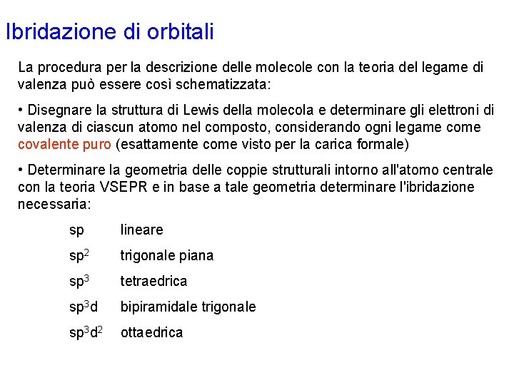 Ibridazione di orbitali La procedura per la descrizione delle molecole con la teoria del