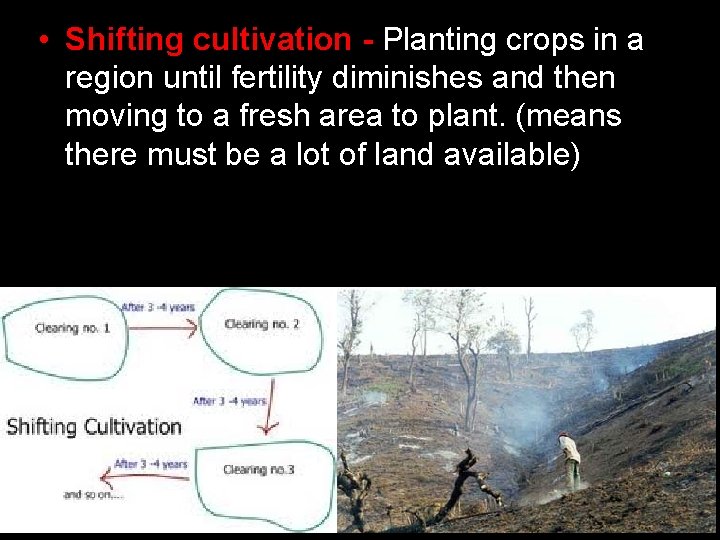  • Shifting cultivation - Planting crops in a region until fertility diminishes and