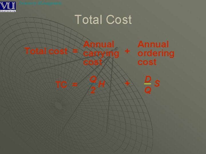 Inventory Management Total Cost Annual Total cost = carrying + ordering cost TC =