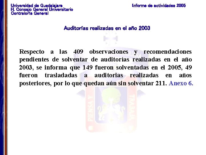Universidad de Guadalajara H. Consejo General Universitario Contraloría General Informe de actividades 2005 Auditorías