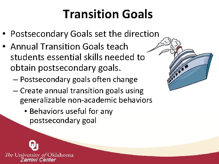 Transition Goals • Postsecondary Goals set the direction • Annual Transition Goals teach students