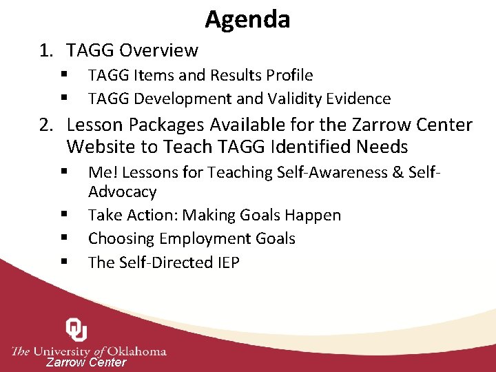 Agenda 1. TAGG Overview § § TAGG Items and Results Profile TAGG Development and