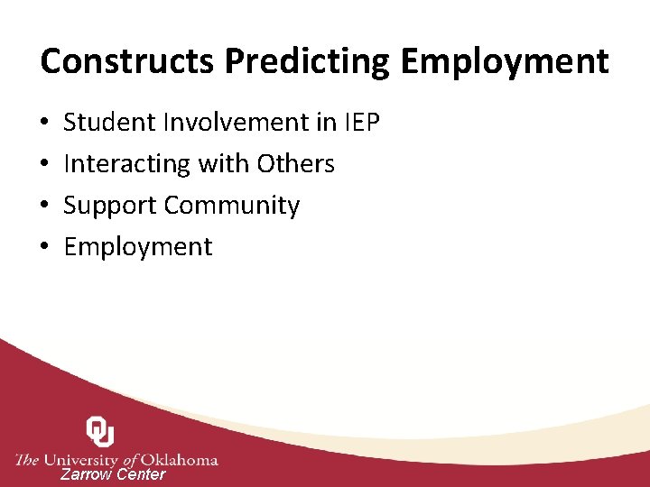 Constructs Predicting Employment • • Student Involvement in IEP Interacting with Others Support Community
