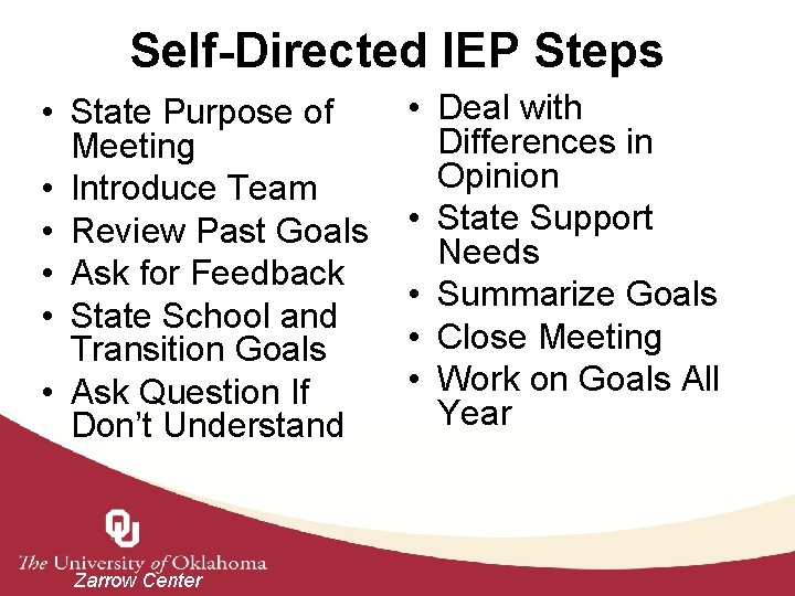 Self-Directed IEP Steps • State Purpose of Meeting • Introduce Team • Review Past