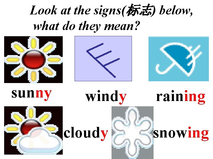 Look at the signs(标志) below, what do they mean? sunny windy cloudy raining snowing