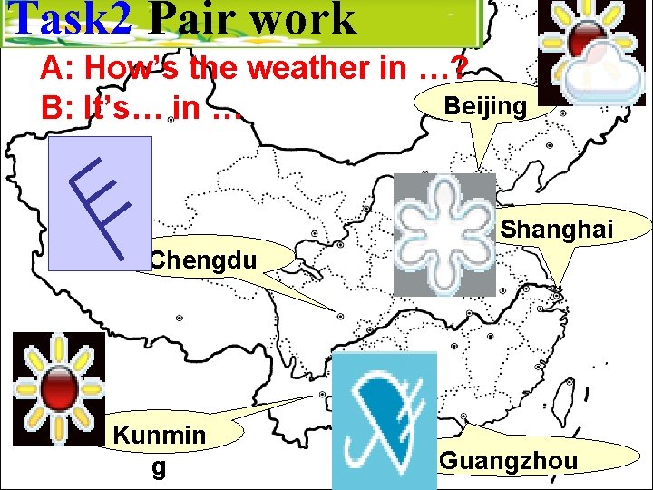 Task 2 Pair work A: How’s the weather in …? Beijing B: It’s… in