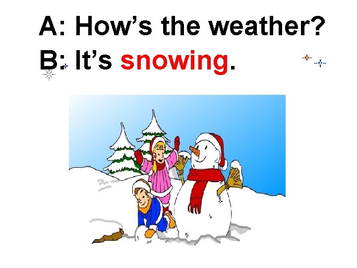 A: How’s the weather? B: It’s snowing. 