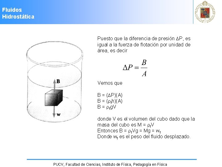 Fluidos Hidrostática Puesto que la diferencia de presión P, es igual a la fuerza