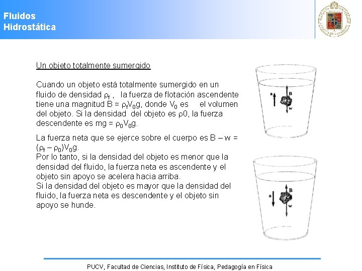 Fluidos Hidrostática Un objeto totalmente sumergido Cuando un objeto está totalmente sumergido en un