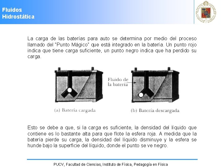 Fluidos Hidrostática La carga de las baterías para auto se determina por medio del