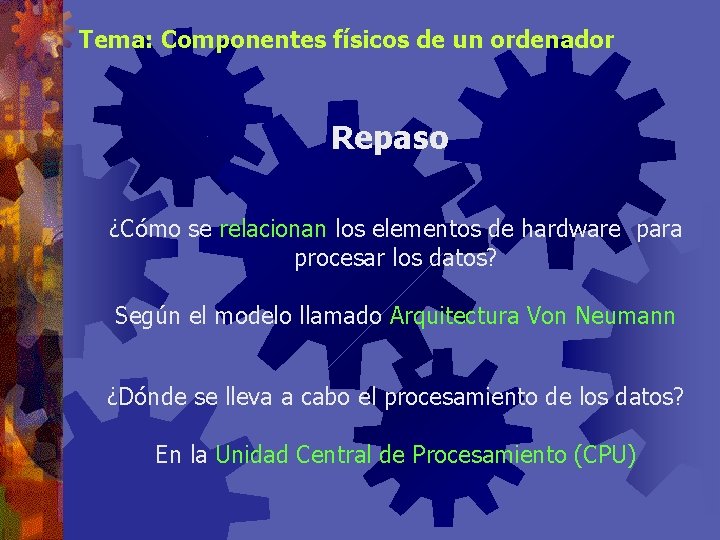 Tema: Componentes físicos de un ordenador Repaso ¿Cómo se relacionan los elementos de hardware