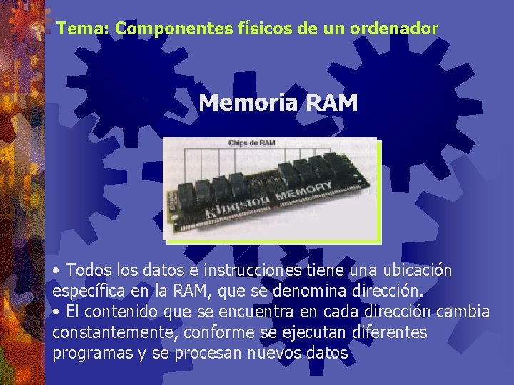 Tema: Componentes físicos de un ordenador Memoria RAM • Todos los datos e instrucciones