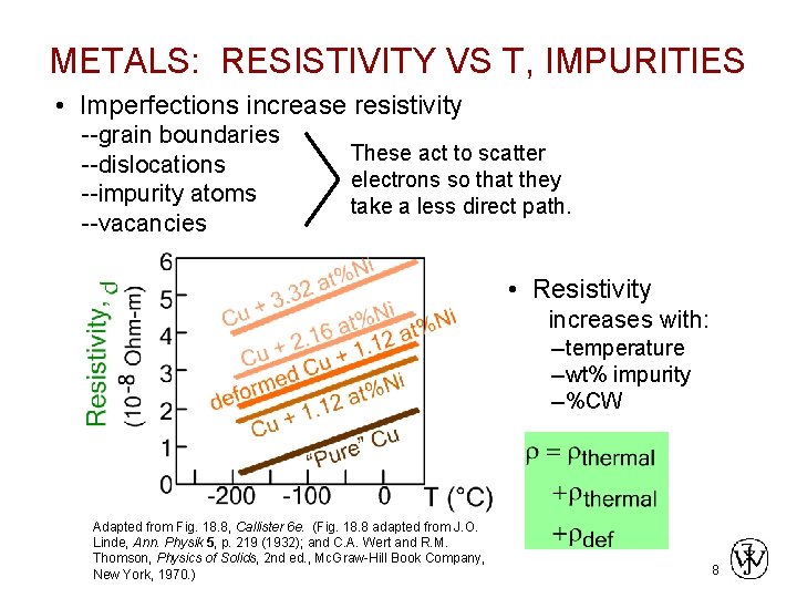 METALS: RESISTIVITY VS T, IMPURITIES • Imperfections increase resistivity --grain boundaries --dislocations --impurity atoms