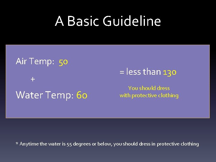 A Basic Guideline Air Temp: 50 + Water Temp: 60 = less than 130