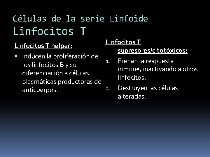 Células de la serie Linfoide Linfocitos T helper: supresores/citotóxicos: Inducen la proliferación de 1.