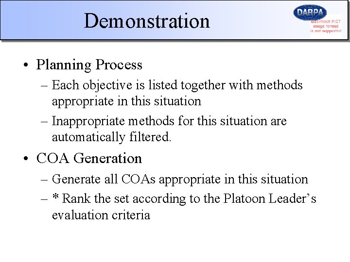 Demonstration • Planning Process – Each objective is listed together with methods appropriate in