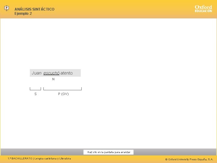 ANÁLISIS SINTÁCTICO Ejemplo 2 Juan escuchó atento. N S P (GV) Hacer clic en