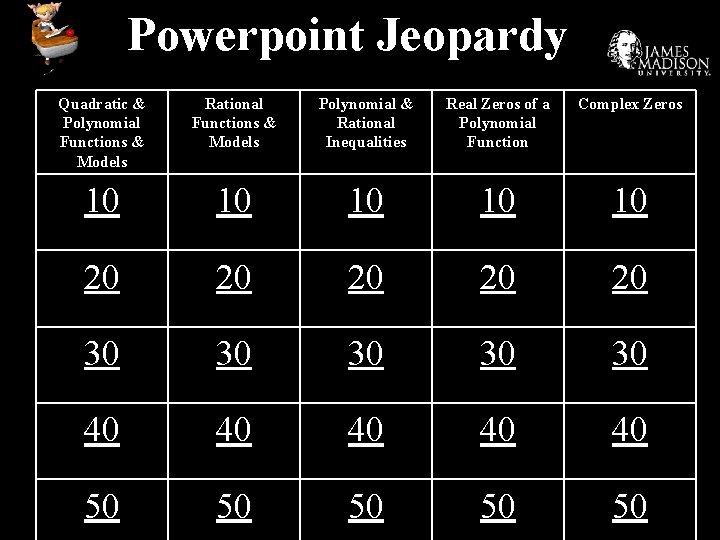 Powerpoint Jeopardy Quadratic & Polynomial Functions & Models Rational Functions & Models Polynomial &