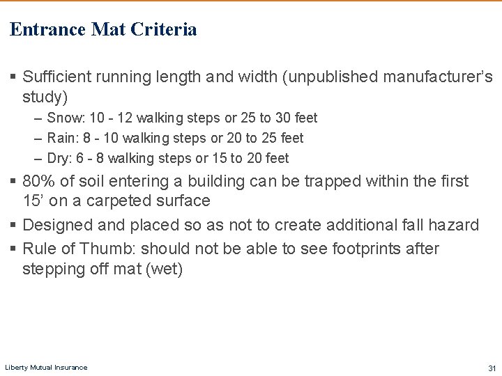 Entrance Mat Criteria § Sufficient running length and width (unpublished manufacturer’s study) – Snow: