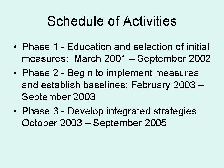 Schedule of Activities • Phase 1 - Education and selection of initial measures: March