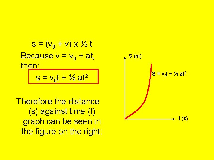 s = (v 0 + v) x ½ t Because v = v 0