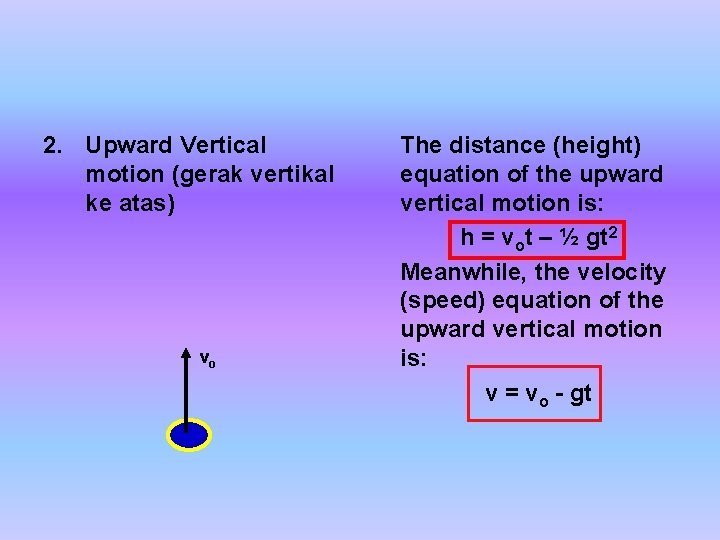 2. Upward Vertical motion (gerak vertikal ke atas) vo The distance (height) equation of