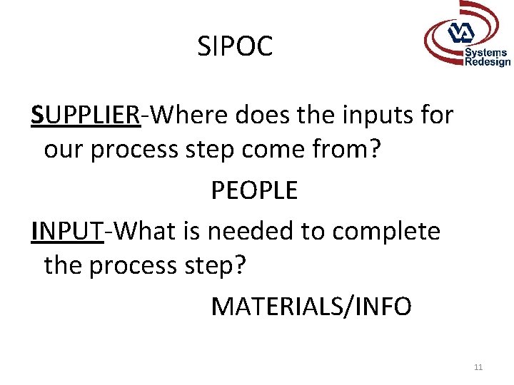 SIPOC SUPPLIER-Where does the inputs for our process step come from? PEOPLE INPUT-What is