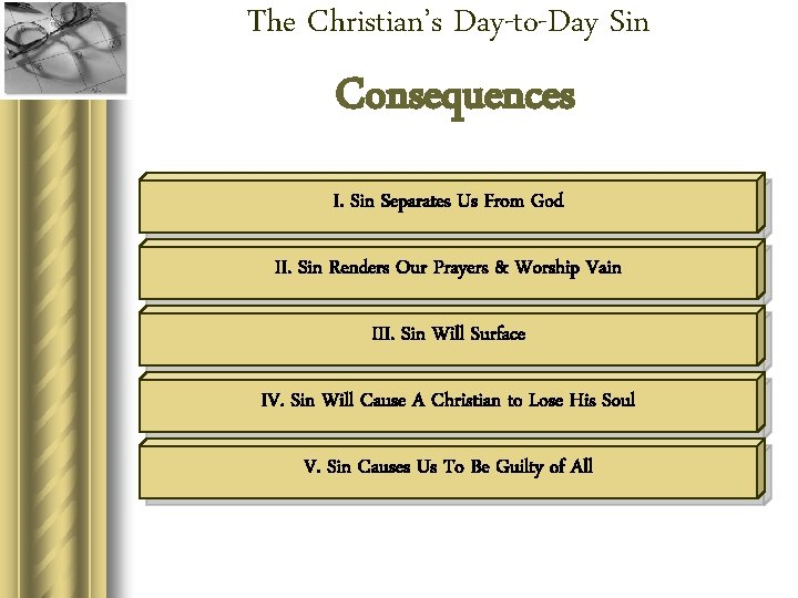 The Christian’s Day-to-Day Sin Consequences I. Sin Separates Us From God II. Sin Renders