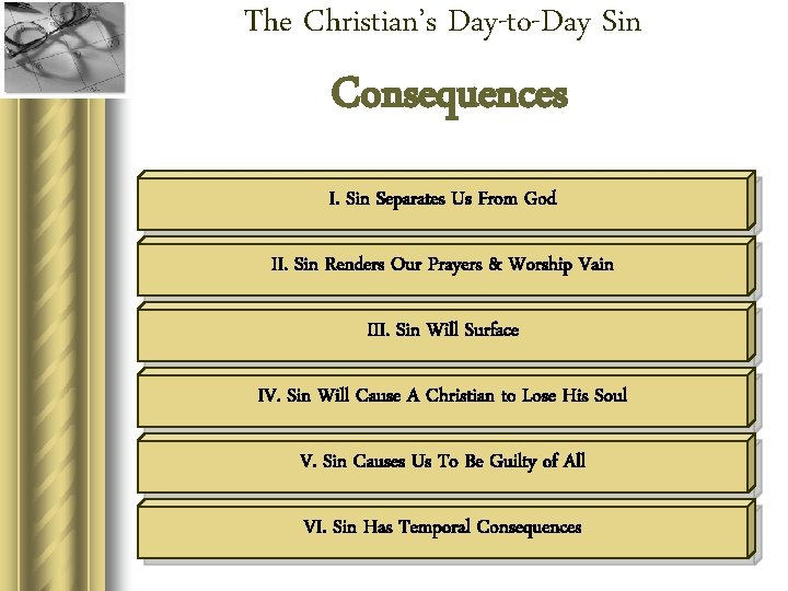 The Christian’s Day-to-Day Sin Consequences I. Sin Separates Us From God II. Sin Renders