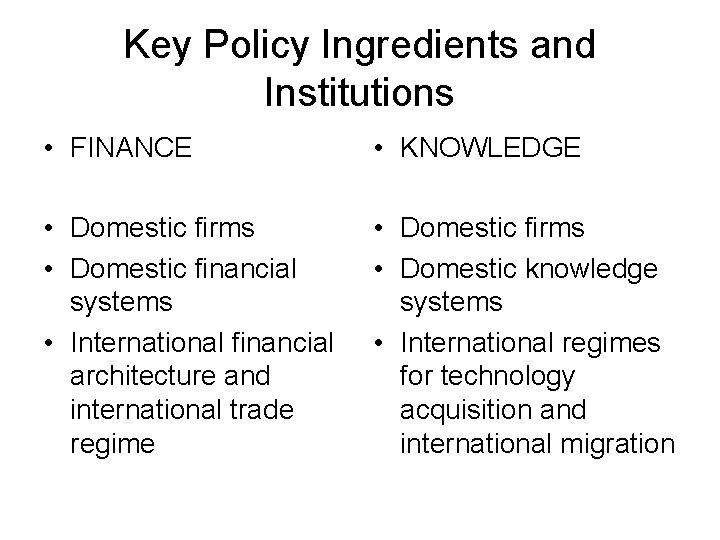 Key Policy Ingredients and Institutions • FINANCE • KNOWLEDGE • Domestic firms • Domestic