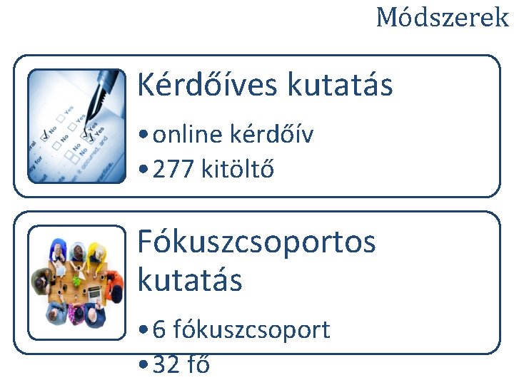 Módszerek Kérdőíves kutatás • online kérdőív • 277 kitöltő Fókuszcsoportos kutatás • 6 fókuszcsoport