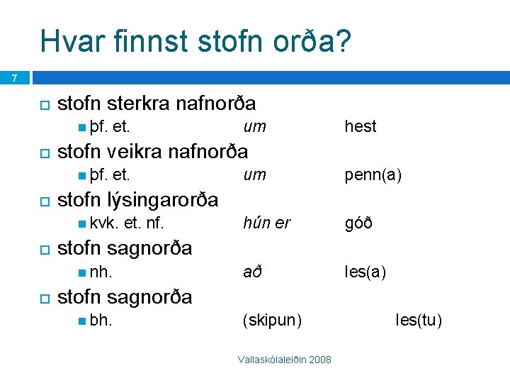 Hvar finnst stofn orða? 7 stofn sterkra nafnorða þf. et. nf. um penn(a) hún