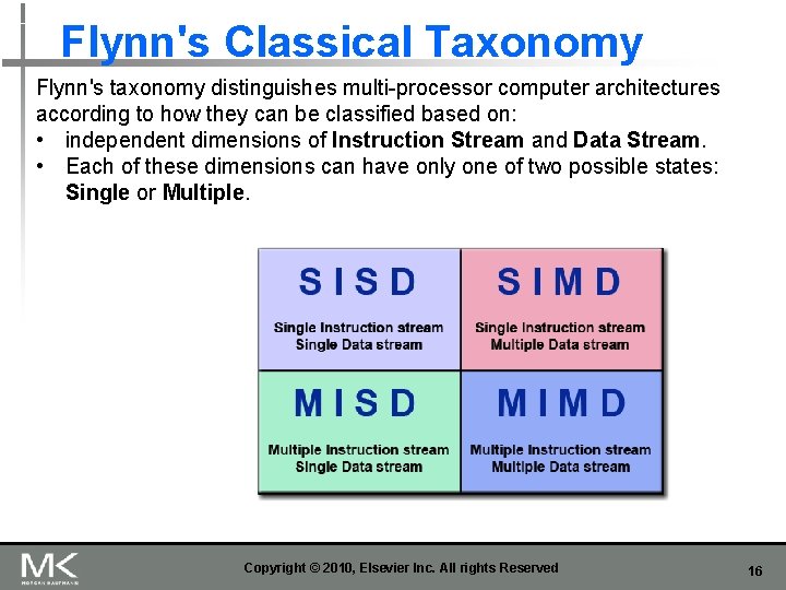 Flynn's Classical Taxonomy Flynn's taxonomy distinguishes multi-processor computer architectures according to how they can