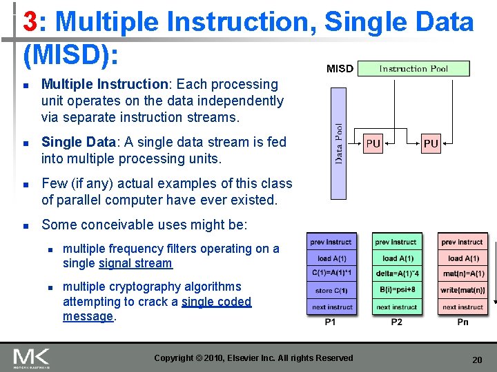 3: Multiple Instruction, Single Data (MISD): n n Multiple Instruction: Each processing unit operates